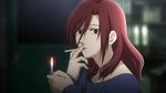  aozaki_touko blue_blouse cap cigarette earring expressive filtered_cigarette interior kara_no_kyoukai lighter looking_at_viewer red_eyes red_hair smoking 