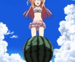  bikini blindfold clouds hoshizora_e_kakaru_hashi long_brown_hair melon mizugi sky stick summer watermelon_bash 