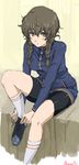  akasaai amane_suzuha bike_shorts braid brown_hair hair_over_shoulder jacket leg_up oekaki shoe_tying short_hair sitting solo steins;gate track_suit twin_braids twintails yellow_eyes 