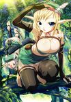  absurdres barefoot beret blonde_hair blue_eyes bow_(weapon) breasts cleavage clumsy copyright_request d: dagger elbow_gloves elf forest glasses gloves hat highres hikage_eiji huge_filesize id_card large_breasts multiple_girls nature open_mouth panties pantyshot pointy_ears purple_hair quiver squatting toeless_legwear tree underwear weapon white_panties 