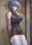 against_wall arms_behind_back ayanami_rei blue_hair blush breasts collarbone covered_nipples detached_sleeves dress dress_lift impossible_clothes impossible_dress large_breasts mogudan neon_genesis_evangelion panties pantyshot puffy_nipples red_eyes scan short_dress short_hair skin_tight solo thick_thighs thighhighs thighs translated turtleneck underwear white_legwear white_panties 