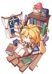  ahoge blonde_hair book bookshelf broom chibi crescent_moon highres inkwell kirisame_marisa mikan_(bananoha) moon mushroom quill simple_background sitting solo table touhou treasure_chest white_background window 