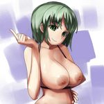  areola areolae bra breasts breasts_out erect_nipples female finger fingers green_eyes green_hair hand_on_hip head_tilt hips hyuminone large_breasts nipples pointing short_hair smile solo underwear 