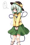  blush green_eyes green_hair hat have_to_pee komeiji_koishi satoimoya short_hair skirt solo touhou translated v_arms 