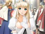 aqua_eyes between_breasts blonde blue_eyes blush breast_squeeze breasts bride cape cg cleavage crowd crown cute dress elbow_gloves gloves huge_breasts julietto large_breasts oppai pov queen queen_bonjourno rizeru robe sano_toshihide skinny smile white_gloves 