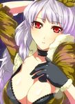  bad_id bad_pixiv_id beyond_the_nobles black_bra bra breasts fur_collar gloves headband highres idolmaster idolmaster_(classic) jacket large_breasts lingerie red_eyes risutan shijou_takane silver_hair solo underwear 