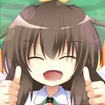  bad_id bad_pixiv_id blush bow brown_hair cape closed_eyes cyanomirahi face fang green_bow hair_bow long_hair lowres open_mouth reiuji_utsuho smile solo third_eye thumbs_up touhou 