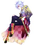  albino boots highres male_focus original red_eyes simple_background sitting solo sword weapon white_hair yukimichi_(nieko) 