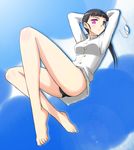  arms_up bad_id bad_pixiv_id barefoot black_hair brown_eyes cloud day eyepatch feet legs long_hair long_legs military military_uniform ponytail sakamoto_mio sayu_(mio-mosa) sky solo strike_witches swimsuit swimsuit_under_clothes thighs uniform world_witches_series 
