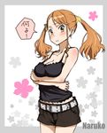  anjou_naruko ano_hi_mita_hana_no_namae_wo_bokutachi_wa_mada_shiranai. belt brown_eyes brown_hair camisole minimaru shorts solo translated twintails 