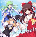  alha ascot blonde_hair blue_eyes blush bow braid breasts brown_eyes brown_hair english frog green_hair hair_bow hair_ornament hair_tubes hakurei_reimu hat holding_hands kirisame_marisa kochiya_sanae long_hair medium_breasts multiple_girls ribbon smile snake touhou witch_hat 