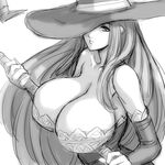  bare_shoulders breasts cleavage detached_sleeves dragon's_crown dress greyscale hat hat_over_one_eye huge_breasts magaki_ryouta monochrome sketch solo sorceress_(dragon's_crown) staff strapless strapless_dress witch_hat 