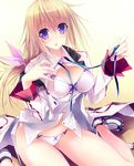  bad_id bad_pixiv_id bare_legs blazer blonde_hair blush body_blush bow bow_panties bra charlotte_dunois infinite_stratos jacket lingerie long_hair looking_at_viewer no_pants open_clothes open_mouth open_shirt panties purple_eyes shirt shoes sitting solo underwear undressing wariza white_panties yudesoba 