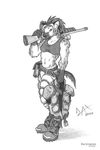  armor female gun hyena incendax mammal plain_background ranged_weapon solo weapon white_background 