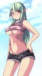  blush breasts female green_hair highres large_breasts long_hair navel original outdoors pointy_ears red_eyes saiste shorts sky smile solo underboob 