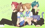  5boys androgynous animal_ears baka_to_test_to_shoukanjuu blue_hair cat_ears cat_tail catboy character_request crossdress crossdressing green_hair kinoshita_hideyoshi male male_focus multiple_boys red_hair school_uniform tail trap tsuchiya_kouta uniform yoshii_akihisa 