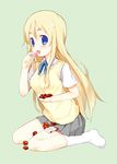  blonde_hair blue_eyes eating eyebrows food full_body k-on! kotobuki_tsumugi long_hair meito_(maze) open_mouth school_uniform socks solo sweater_vest sweets white_legwear 