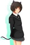  :p amagami animal_ears arms_behind_back black_eyes black_hair black_jacket blush cat_ears face jacket kibito_high_school_uniform kishida-shiki long_sleeves school_uniform short_hair skirt smile solo standing tachibana_miya tail tongue tongue_out 