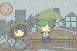  :&lt; :3 akihiyo ascot bench black_hair blush_stickers chibi closed_eyes dress fairy flower frog green_hair hydrangea japanese_clothes kimono leaf leaf_umbrella multiple_girls original puddle rain sign sitting smile translated umbrella water wavy_mouth 