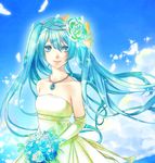  amagi_(pcochan) aqua_eyes aqua_hair bad_id bad_pixiv_id bare_shoulders blue_flower blue_rose bouquet bow cloud dress elbow_gloves feathers flower formal gloves hair_bow hair_flower hair_ornament hatsune_miku jewelry long_hair necklace rose sky smile solo strapless strapless_dress twintails very_long_hair vocaloid wedding_dress 