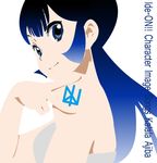  akiyama_mio blue_eyes blue_hair crossover densetsu_kyojin_ideon dress k-on! karala_ajiba long_hair ponytail si_(tubasasu) sideburns smile solo strapless strapless_dress tattoo v 