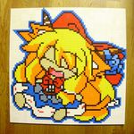  :3 animal_ears bow cat_ears cat_tail chibi closed_eyes derivative_work fang hair_bow hair_ribbon highres horns ibuki_suika kemonomimi_mode lego long_hair orange_hair photo pixel_art ribbon solo tail touhou you_rei_(blowback) 