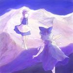  apron bad_id bad_pixiv_id blue_bow blue_dress blue_hair bow cirno dress hair_bow hat letty_whiterock lowres multiple_girls oisin purple_hair ribbon touhou waist_apron wings 