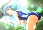  blue_eyes blue_hair cannon hair_bobbles hair_ornament hat kawashiro_nitori mukai one-piece_swimsuit ramrod school_swimsuit shiny shiny_clothes short_hair slit_pupils solo swimsuit touhou two_side_up 