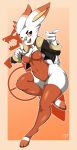  2019 anthro anthrofied band-aid bandage blush breasts bunny_costume clothed clothing costume cropped_jacket digital_media_(artwork) fangs female fighting_stance fur hi_res lagomorph legwear mammal nintendo open_mouth pok&eacute;mon pok&eacute;mon_(species) pok&eacute;morph scorbunny simple_background solo stockings teeth thigh_highs video_games white_fur zzvinniezz 