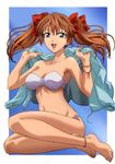  alicia_melchiott anklet armpits barefoot bikini blue_eyes bow bracelet breasts brown_hair collarbone duplicate feet hair_ornament hair_ribbon jacket jewelry jpeg_artifacts large_breasts legs long_hair navel open_mouth ribbon senjou_no_valkyria senjou_no_valkyria_1 solo swimsuit twintails 