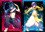  aladdin_(magi) baggy_pants barefoot black_hair blue_eyes blue_hair braid highres jewelry judal long_hair magi_the_labyrinth_of_magic male_focus midriff multiple_boys neck_ring pants red_eyes ringo_ame single_braid turban vest wand 