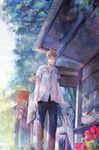  blonde_hair cat closed_eyes closed_umbrella demon flower male_focus megane_(artist) natsume_takashi natsume_yuujinchou nyanko solo umbrella 