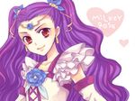  blue_flower blue_rose character_name earrings flower frills hair_ornament hair_ribbon hairpin heart jewelry long_hair magical_girl milk_(yes!_precure_5) milky_rose mimino_kurumi munya precure purple_hair red_eyes ribbon rose smile solo two_side_up yes!_precure_5 yes!_precure_5_gogo! 