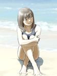  barefoot beach brown_hair crossed_legs feet long_hair one-piece_swimsuit original outdoors school_swimsuit sitting solo swimsuit tnt_(aaaazzzz) water 