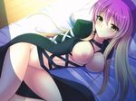  bed blush breasts brown_eyes brown_hair gradient_hair hijiri_byakuren koneko_(nonnkimono) large_breasts legs long_hair lying multicolored_hair nipples no_bra no_panties on_side pillow purple_hair smile solo thighs touhou 