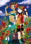  alternate_costume alternate_headwear aqua_sarong bandeau bare_shoulders bike_shorts blue_eyes brown_hair buzz cloud dark_skin flower fuyou_(pokemon) gen_3_pokemon gloves hair_flower hair_ornament haruka_(pokemon) hibiscus long_skirt midriff multiple_girls navel pointing pokemon pokemon_(creature) pokemon_(game) pokemon_rse print_sarong sarong short_hair skirt sky torchic wristband 