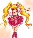  blonde_hair boots bow choker crossed_legs cure_peach dress earrings fresh_precure! frills hair_ornament hairpin hand_on_hip heart heart_hair_ornament jewelry knee_boots long_hair magical_girl momozono_love pink_bow pink_choker pink_eyes pink_footwear precure ribbon smile solo standing takkee twintails watson_cross wrist_cuffs 