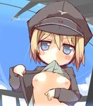  blonde blue_eyes blush_stickers erica_hartmann hat mouth_hold nipples no_bra oppai prnt shirt_lift short_hair sky solo strike_witches tagme 