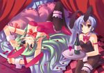  2girls alcohol animal_ears bed blue_eyes blue_hair bow braid brown_eyes bunnysuit green_hair high_heels kemonomimi on_back pantyhose pillow short_hair tagme usamimi wine 