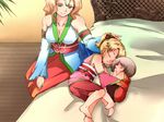  2girls bad_id bad_pixiv_id barefoot bed blonde_hair breasts brother_and_sister brown_hair cleavage closed_eyes dress family flare_en_kuldes gensou_suikoden gensou_suikoden_iv granatum large_breasts lazlo long_hair mother_and_daughter mother_and_son multiple_girls queen_of_obel short_hair short_ponytail siblings sleeping smile younger 