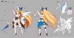  1girl angel armor armored_boots blonde_hair blue_eyes boots copyright disgaea disgaea_rpg earrings feathered_wings feathers flonne full_body gloves grey_background hair_ribbon head_wings heart heart_earrings high_ponytail jewelry lance long_hair multiple_views non-web_source official_art outstretched_arm photoshop_(medium) polearm reference_sheet ribbon simple_background standing text_focus turnaround very_long_hair weapon white_wings wings 