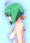  ahoge back bikini bikini_top green_hair hair_ribbon kouda_tomohiro macross macross_frontier orange_eyes polka_dot profile ranka_lee ribbon short_hair solo swimsuit 