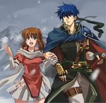  1girl blue_eyes blue_hair brother_and_sister brown_hair cape elbow_gloves fire_emblem fire_emblem:_akatsuki_no_megami fire_emblem:_souen_no_kiseki gloves green_eyes hair_tubes headband height_difference ike machch mist_(fire_emblem) scarf short_hair siblings smile snow sword weapon 