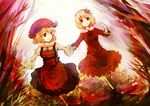  aki_minoriko aki_shizuha autumn blonde_hair chagu food fruit grapes hair_ornament hat highres holding_hands leaf leaf_hair_ornament light_smile maple_leaf multiple_girls open_mouth red red_eyes running short_hair siblings sisters touhou 