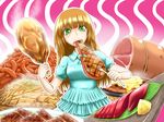  brown_hair character_request eating food fork green_eyes meat moekko_monster solo sumeshi 