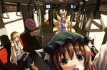  brown_eyes brown_hair caution_signs earring fox_tail hand_hold head_phones kemonomimi long_blonde_hair long_sleeve no_pets no_smoking red_hair_ribbon red_ribbon road_signs short_blonde_hair subway surprised thigh_high touhou video_monitors zettai_ryouiki 