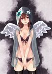  :p angel_wings bikini black_legwear breasts cleavage cloak face front-tie_top hands_clasped hood hooded_jacket hoodie jacket large_breasts maeda_risou navel open_clothes open_hoodie open_mouth original own_hands_together print_bikini see-through side-tie_bikini solo star star_print swimsuit thighhighs tongue tongue_out underwear v_arms wings 