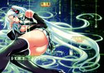  aqua_hair aqua_neckwear arm_tattoo ass bare_shoulders black_legwear black_shirt breasts character_name collared_shirt detached_sleeves doujinshi dress_shirt feet_out_of_frame glowing green_eyes hair_ornament hand_to_forehead hatsune_miku highres holding_necktie knees_together_feet_apart long_hair looking_at_viewer lying medium_breasts miniskirt necktie nipple_slip nipples no_panties number on_side open_clothes open_shirt ouma_tokiichi pleated_skirt shirt skirt sleeveless sleeveless_shirt solo tattoo thighhighs underboob untied very_long_hair vocaloid 