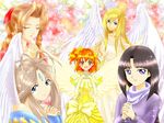  5girls aa_megami-sama aerith_gainsborough ah_my_goddess alicia_florence angel_wings aria belldandy black_hair blonde blue_eyes bow braid braids brown_eyes brown_hair cure_pine dress eyes_closed feathers final_fantasy final_fantasy_vii flower forehead_mark fresh_precure! gundam gundam_x hair_ribbon long_hair multicolored_hair orange_hair ponytail praying precure purple_eyes red_hair ribbon rose side_ponytail sweater tagme tiffa_adill twin_braids wings yamabuki_inori 