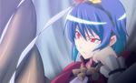  anime_coloring blue_hair h-new hand_on_own_cheek hand_on_own_face red_eyes rope shimenawa short_hair slit_pupils solo touhou yasaka_kanako 